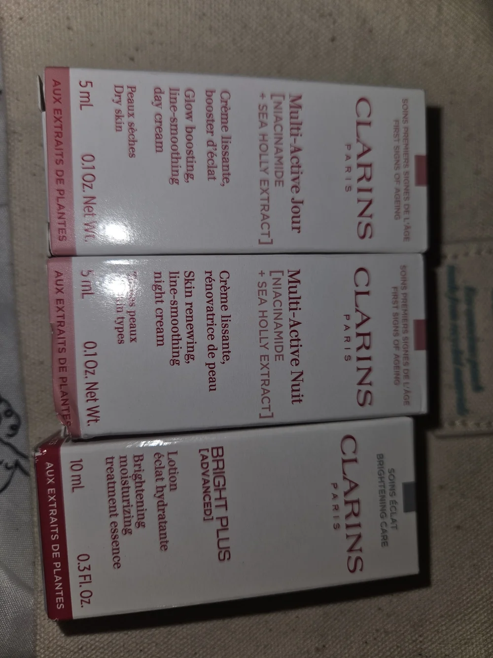Clarins White and Pink Multi-Active Day & Night Cream Set Lotion and bag